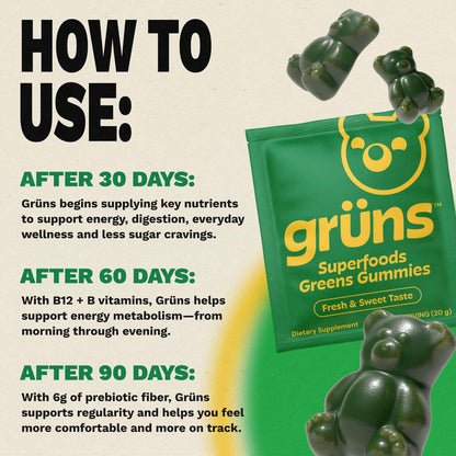 Gruns Sugar-Free Super Greens Gummies, Multivitamin Superfood Gummy Bears, Spirulina, Chlorella, Prebiotics & Fiber gummies for Digestive Health, Adaptogens Supplement, 20 Vitamins & Minerals, 10 pack Grüns buy supplements Au
