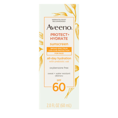 Aveeno Protect + Hydrate Face Sunscreen, SPF 60 Broad Spectrum, for Sensitive Skin, Travel Size, Water Resistant
