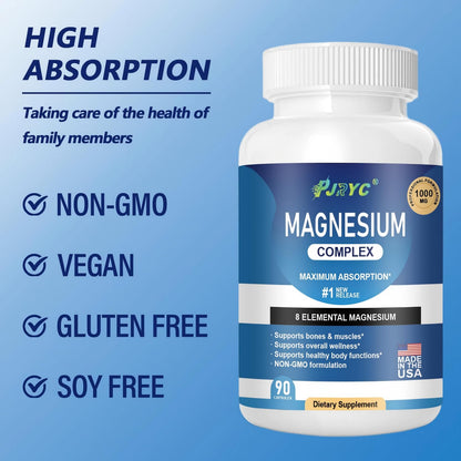 Magnesium Complex Supplement - 1000mg with 8 Magnesium Forms: Glycinate, Citrate, Malate, Taurate & Orotate - Supports Muscle Function, Bone Strength & Relaxation - Vegan, Non-GMO - 180 Capsules PJRYC buy supplements Au