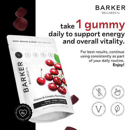 Barker Wellness Vegan B-Complex Gummies – Comprehensive Energy & Metabolism Boost with B1, B5, B6, B7 Biotin, B9 Folate, B12