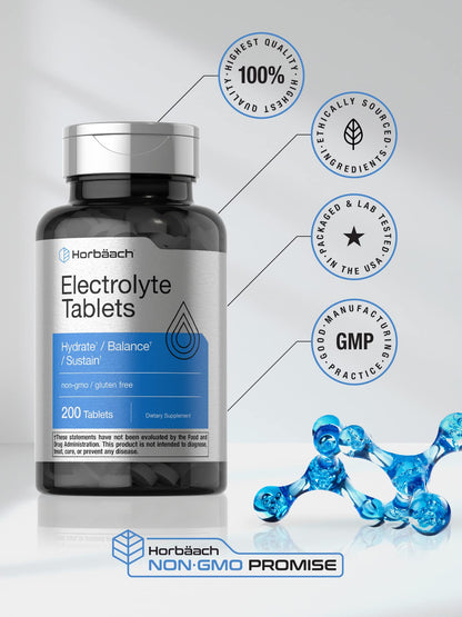 Horbäach Electrolyte Tablets | 200 Count | Helps Hydrate, Balance, & Sustain | with Calcium, Magnesium, Chloride, Sodium and Potassium | Vegetarian, Non-GMO & Gluten Free