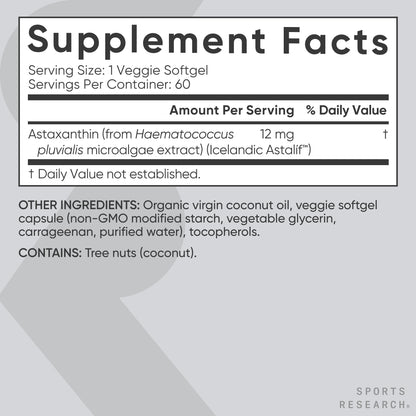 Sports Research Triple Strength Vegan Astaxanthin Supplement from Algae - Plant Based Softgels for Antioxidant Activity, Skin & Eye Health - Non-GMO Verified, Made with Coconut Oil - 12mg, 60 Count Sports Research buy supplements Au
