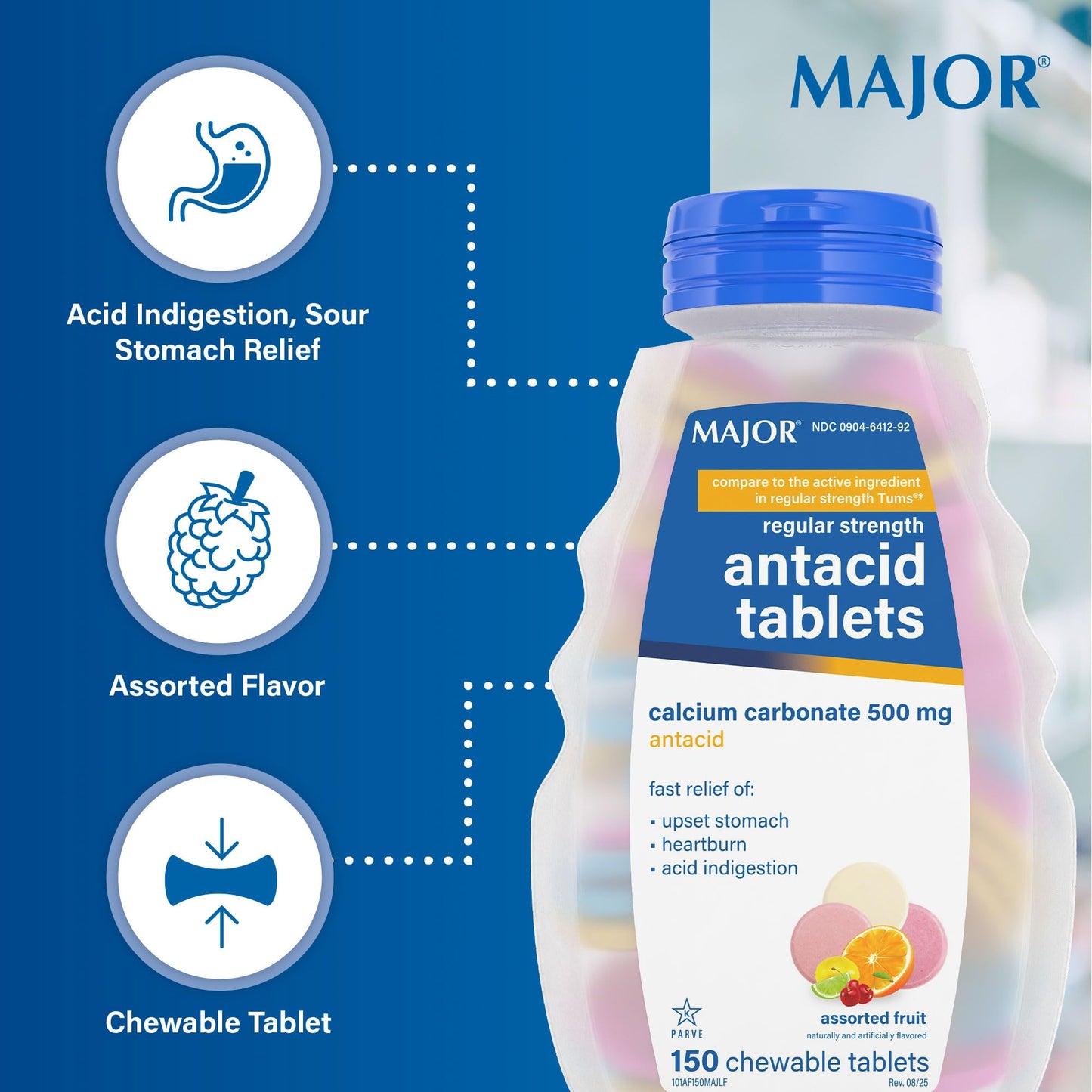MAJOR Regular Strength Antacid Tablets - Calcium Carbonate 500 mg - Assorted Fruit Flavor - 150 Chewable Count (2 Pack) MAJOR buy supplements Au