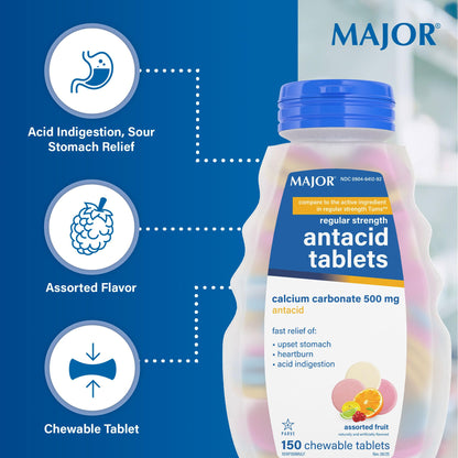 MAJOR Regular Strength Antacid Tablets - Calcium Carbonate 500 mg - Assorted Fruit Flavor - 150 Chewable Count (2 Pack) MAJOR buy supplements Au