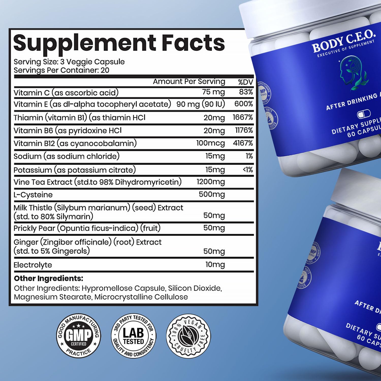 Body C.E.O. After Drinking Aid - Electrolyte Balance & Recovery - DHM (Dihydromyricetin), L-Cysteine, Prickly Pear, Milk Thistle, Zinger, Vitamin-B for Recovery - Filler-Free Formula - 60 Capsules BODY C.E.O. EXECUTIVE OF SUPPLEMENTS buy supplements Au