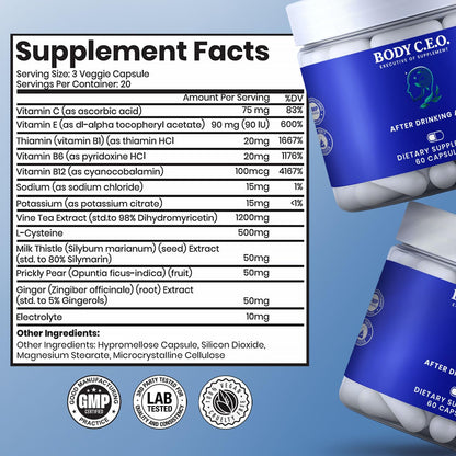 Body C.E.O. After Drinking Aid - Electrolyte Balance & Recovery - DHM (Dihydromyricetin), L-Cysteine, Prickly Pear, Milk Thistle, Zinger, Vitamin-B for Recovery - Filler-Free Formula - 60 Capsules BODY C.E.O. EXECUTIVE OF SUPPLEMENTS buy supplements Au