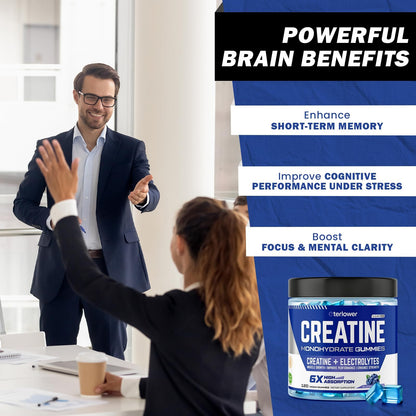 eterlower Creatine Monohydrate Gummies 5g – Pre-Workout Energy & Muscle Growth Support for Men & Women | Blueberry Electrolyte Gummies, 120 Count