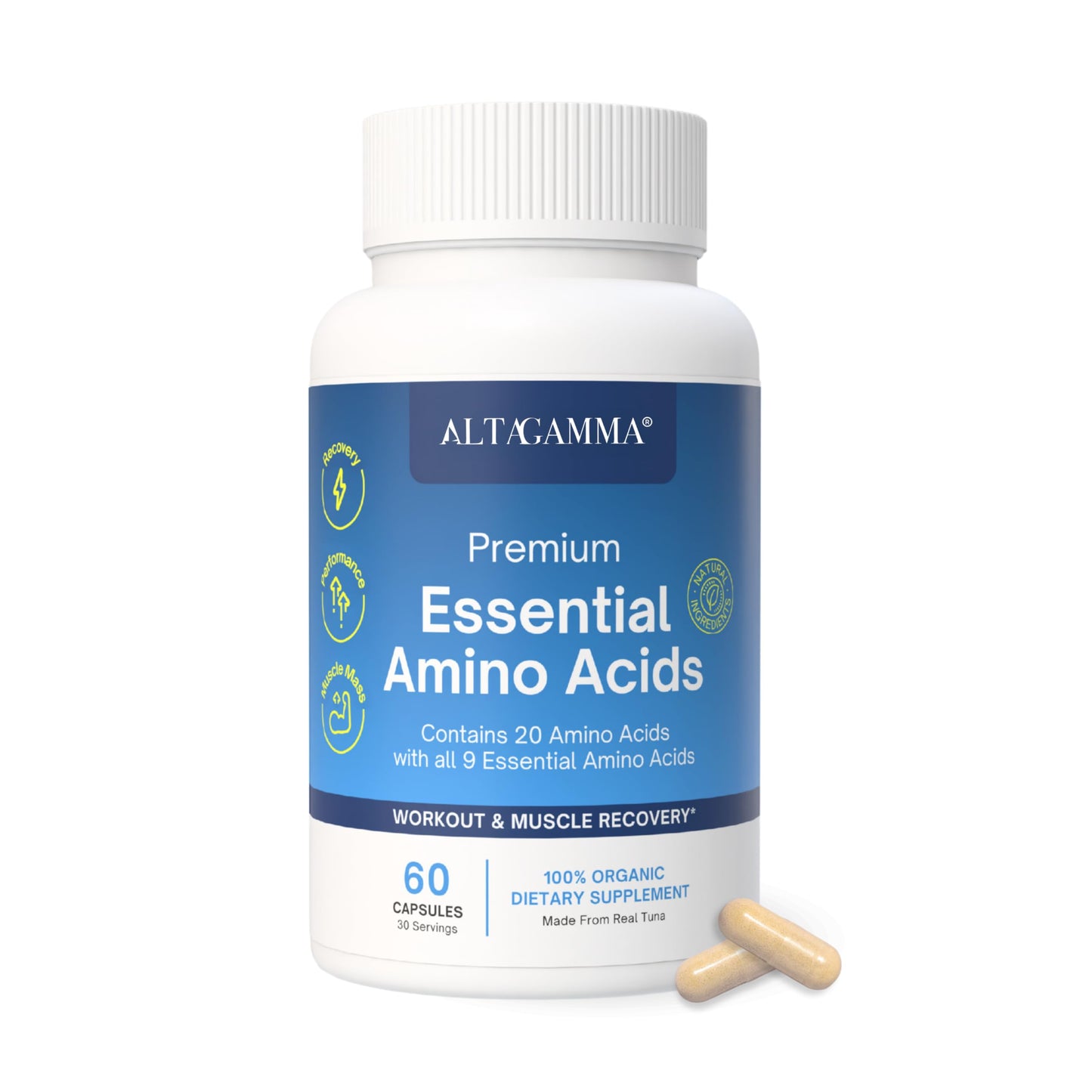 ALTAGAMMA Pure Amino Acids Complex - Protein for Pre/Post Workout, Energy & Muscle Recovery - 9 Essential Amino Acids Supplement (EAA) & BCAAs - Leucine, Lysine, L Tyrosine, L Arginine, 60 Capsules ALTAGAMMA buy supplements Au