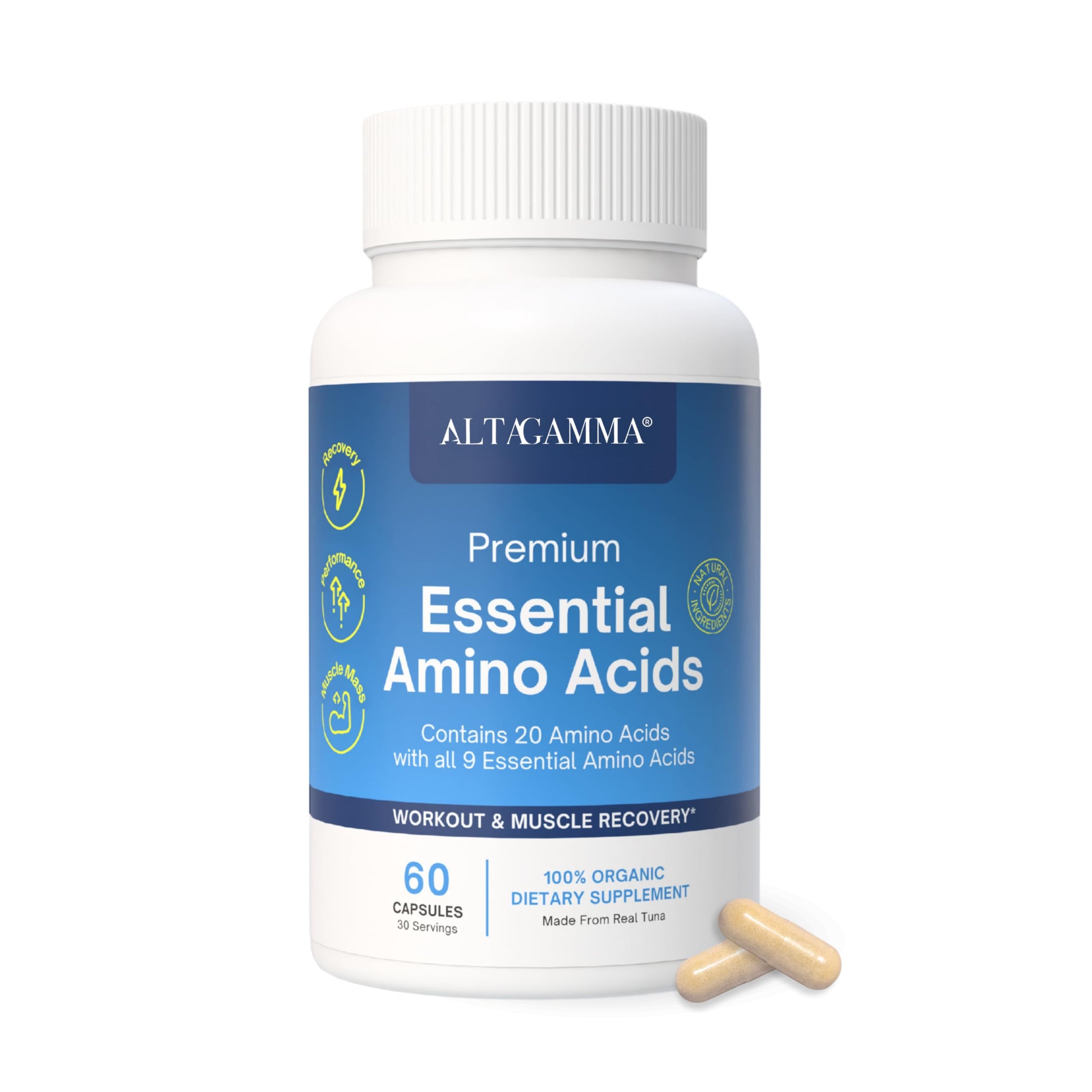 ALTAGAMMA Pure Amino Acids Complex - Protein for Pre/Post Workout, Energy & Muscle Recovery - 9 Essential Amino Acids Supplement (EAA) & BCAAs - Leucine, Lysine, L Tyrosine, L Arginine, 60 Capsules ALTAGAMMA buy supplements Au