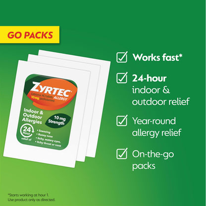 Zyrtec 24 Hour Allergy Relief Tablets, Antihistamine Indoor & Outdoor Anti Allergy Medicine + Cetirizine HCl, Relief from Runny Nose, Sneezing, & Itchy Eyes, Single Packs, 14 x 1 ct Packets Zyrtec buy supplements Au