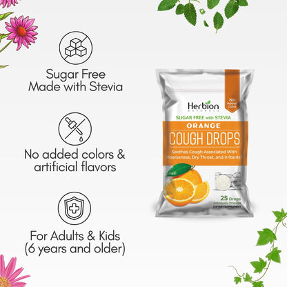 HERBION Naturals Cough Drops with Orange Flavor, Sugar-Free with Stevia, Soothes Cough, for Adults and Children Over 6 Years – Pack of 5(125 Lozenges)