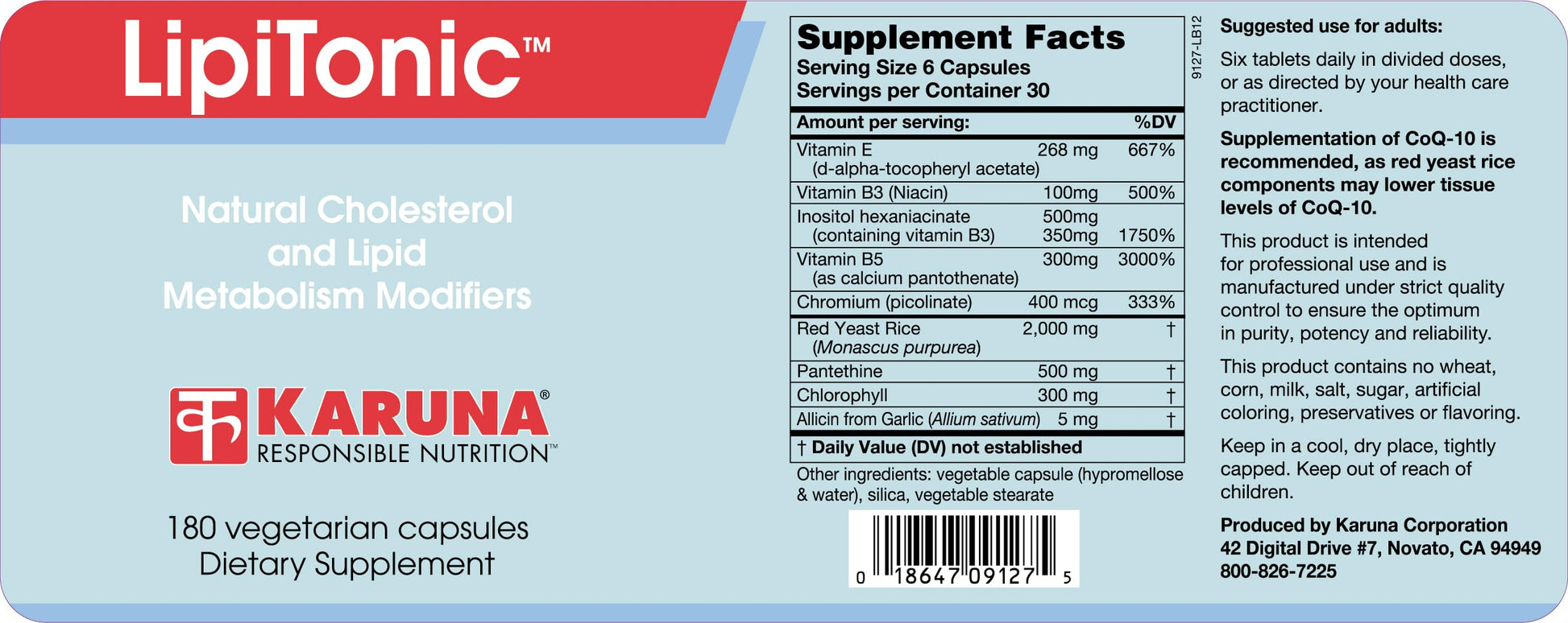 Karuna Lipitonic - 180 Vegetarian Capsules - Blend of Vitamins, Minerals, and botanicals Supporting Healthy Cholesterol Levels Already in the Normal Range and Promote Healthy lipid Metabolism KarunaBuy Supplements Australia