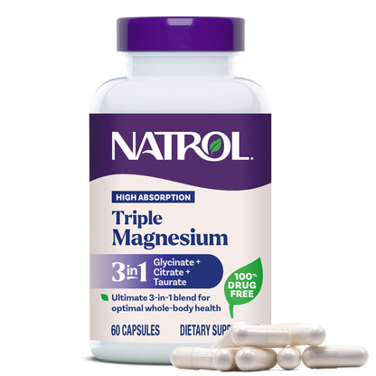 Natrol Triple Magnesium dietary supplement bottle with capsules on a white background