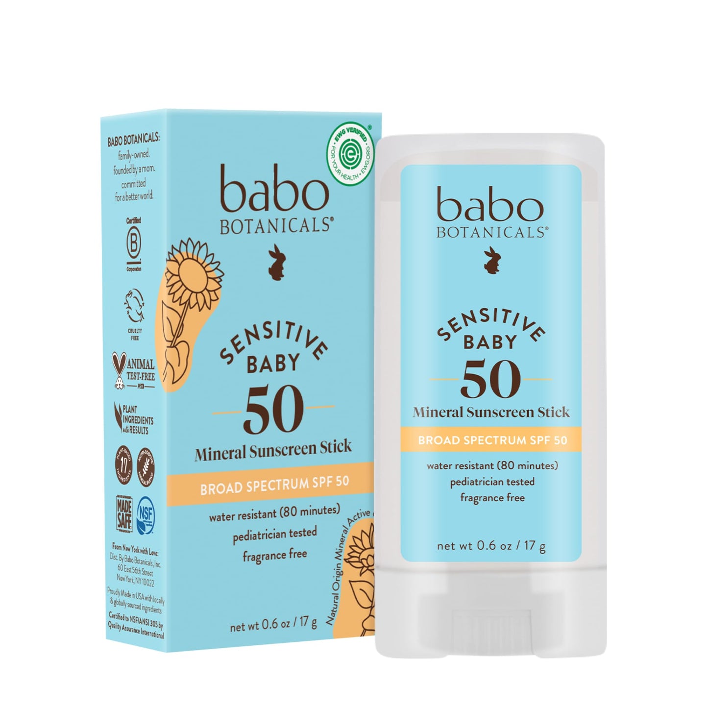Babo Botanicals Sensitive Baby Mineral Sunscreen Stick SPF 50 - 70% Organic Ingredients - Zinc Oxide - NSF & MADE SAFE and EWG Certified