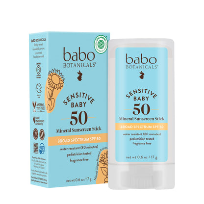 Babo Botanicals Sensitive Baby Mineral Sunscreen Stick SPF 50 - 70% Organic Ingredients - Zinc Oxide - NSF & MADE SAFE and EWG Certified