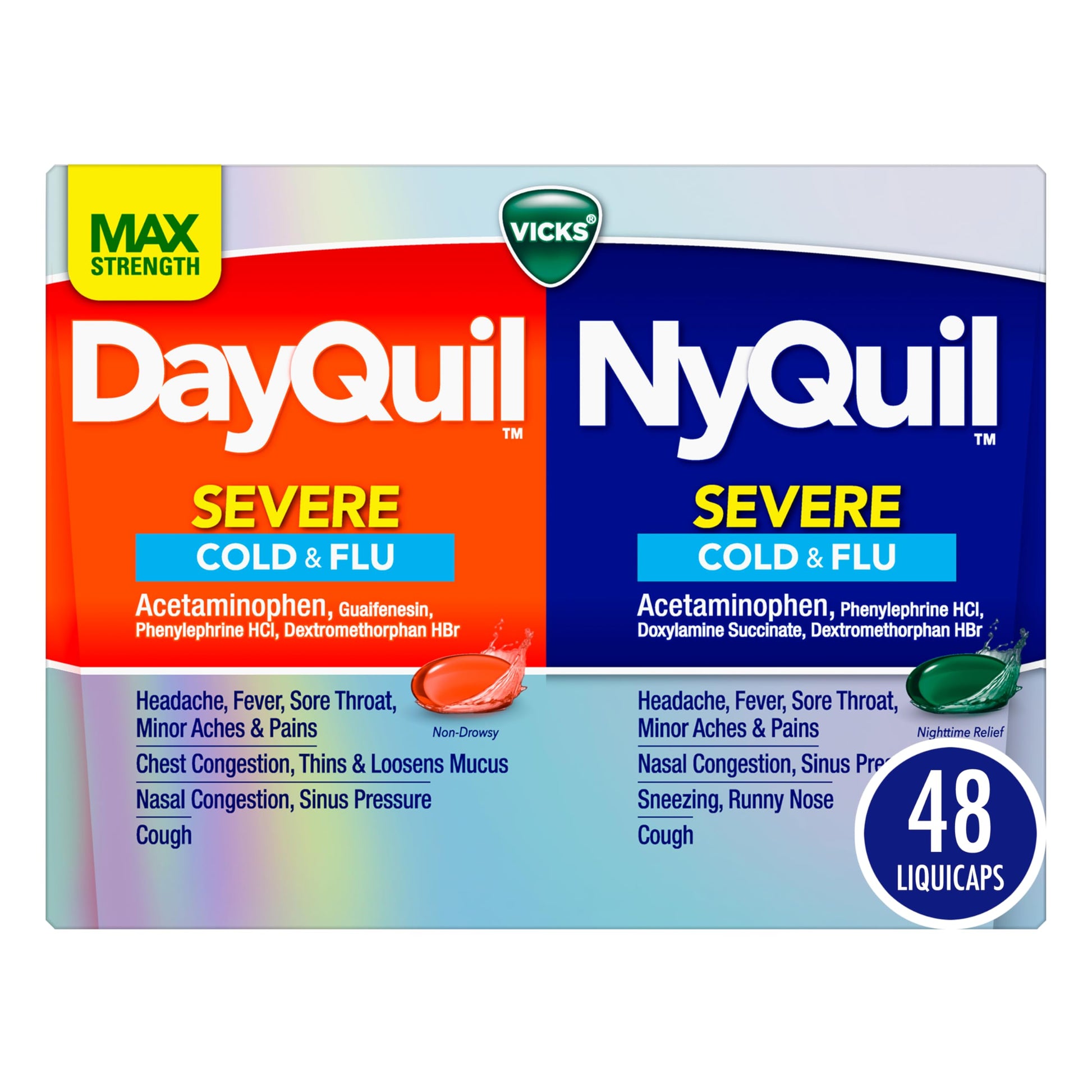 Vicks Dayquil & Nyquil Severe Co-Pack, Cold & Flu Medicine, Powerful Relief For Headache, Fever, Sore Throat, Minor Aches & Pains, Congestion, Sinus Pressure, Stuffy Nose, And Cough, 48 Liquicaps Vicks buy supplements Au