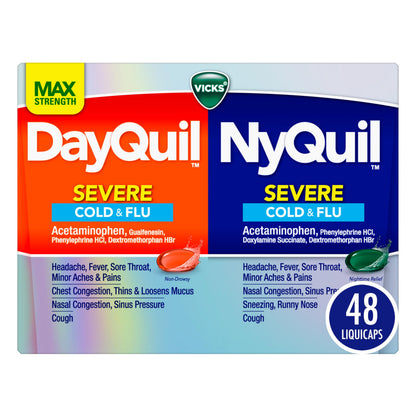 Vicks Dayquil & Nyquil Severe Co-Pack, Cold & Flu Medicine, Powerful Relief For Headache, Fever, Sore Throat, Minor Aches & Pains, Congestion, Sinus Pressure, Stuffy Nose, And Cough, 48 Liquicaps Vicks buy supplements Au