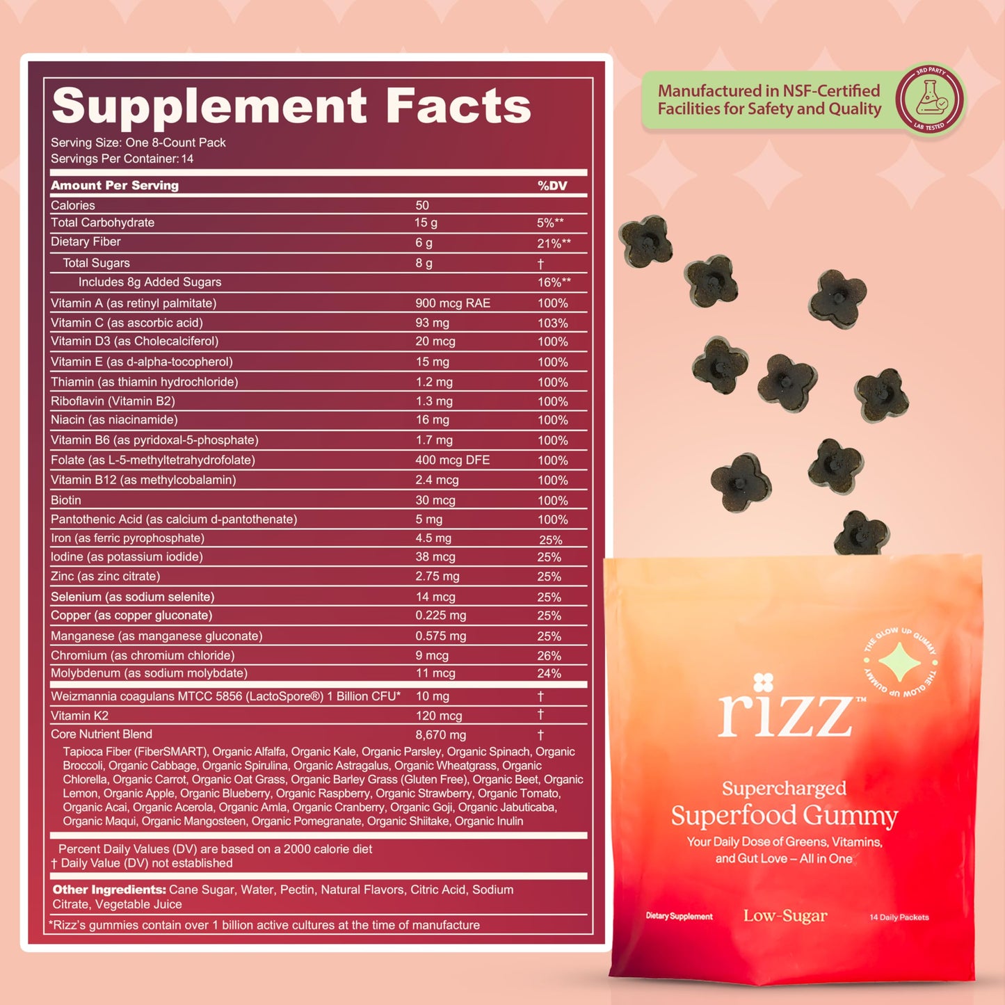 Rizz Low Sugar Green Gummies - 60+ Superfoods 6g Fiber - Prebiotic and Probiotic Gummies - Vegan Multivitamins for Women & Men - Gluten Free - Mushroom,