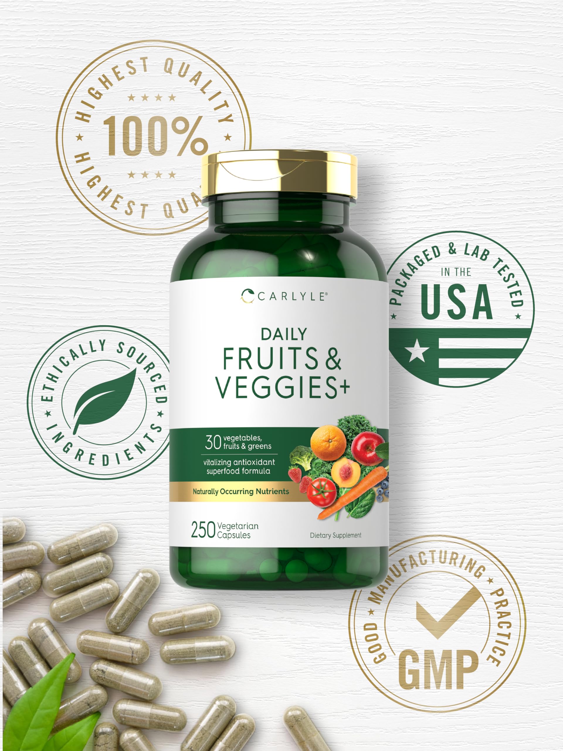 Carlyle Fruits and Veggies Supplement | 250 Capsules | Made with 30 Fruits and Vegetables | Vegetarian, Non-GMO, Gluten Free Superfood Formula CarlyleBuy Supplements Australia