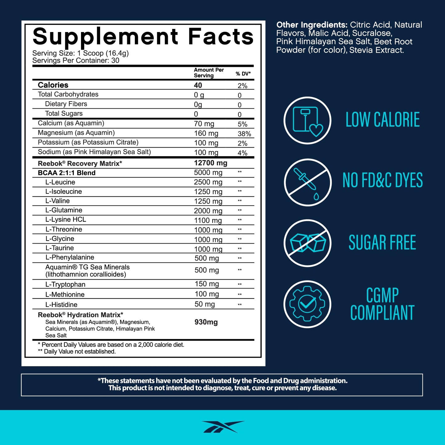 Reebok REEcover Amino Acids + Electrolytes | 8g EAAs, 5g BCAAs, Hydration Matrix | Muscle Recovery, Strength | Post-Workout Support