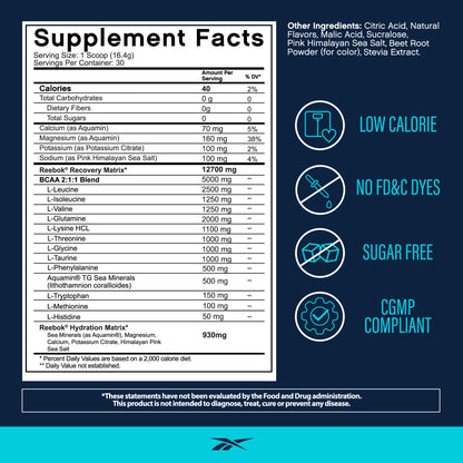 Reebok REEcover Amino Acids + Electrolytes | 8g EAAs, 5g BCAAs, Hydration Matrix | Muscle Recovery, Strength | Post-Workout Support