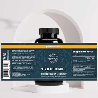Primal Harvest Restore for Gut Health, Primal Gut Restore w/POSTbiotics, PREbiotics and PRObiotics for Women and Men, 60 CT - Digestion, Colon Cleanse,