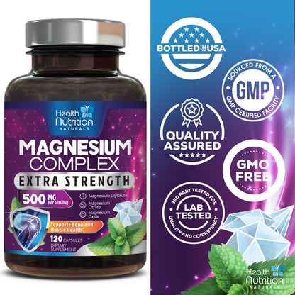 Magnesium Complex Capsules - 500mg per Serving Magnesium - High Absorption Chelated Mineral Supplement - with Oxide, Glycinate, Malate, Citrate for Muscle Bone and Heart Health Support - 120 Capsules Health Nutrition Naturals buy supplements Au