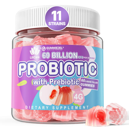 Probiotic Gummies 60 Billion CFU for Women Men & Kids, 11 Strains Probiotics + Organic Prebiotics Fiber for Immune, Digestive Health, Supports Constipation,