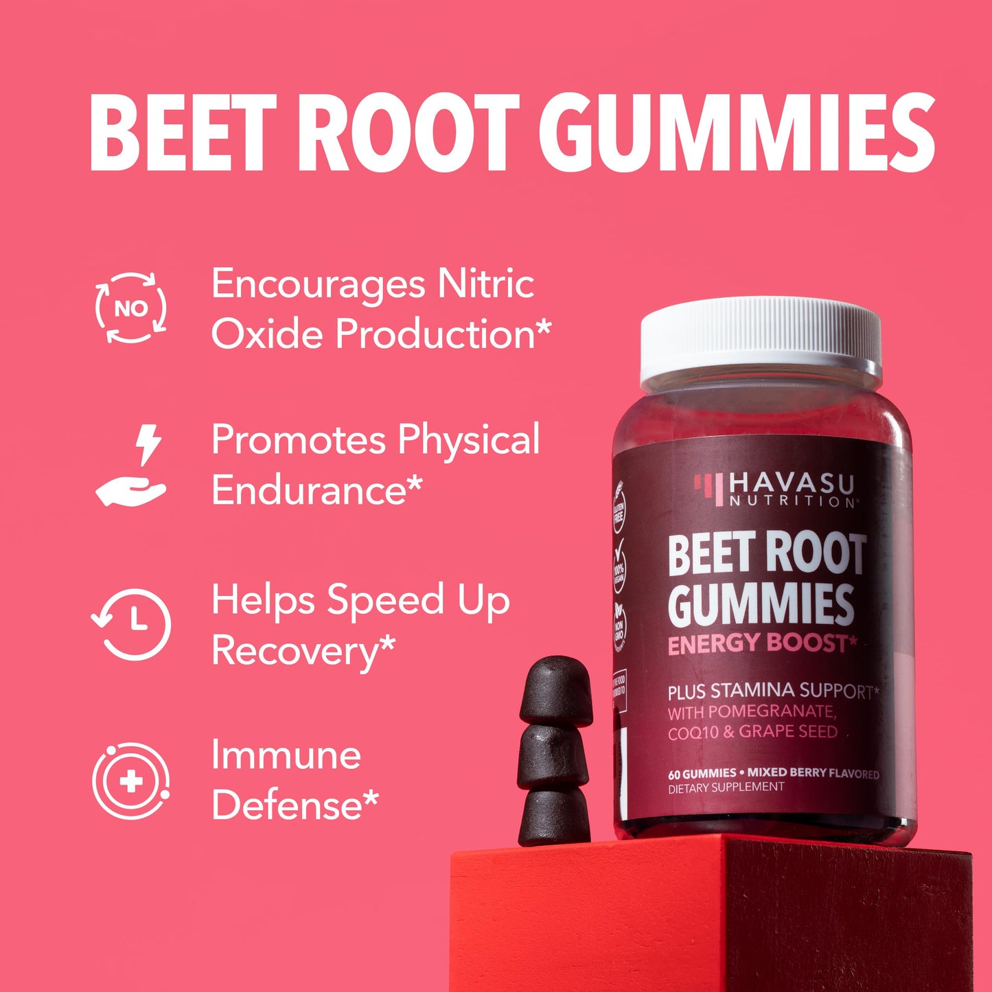Beet Root Gummies with COQ10 & Pomegranate - Nitric Oxide Supplement for Men and Women - Beetroot for Endurance, Performance, Recovery - Vegan, Non-GMO, Gluten Free -