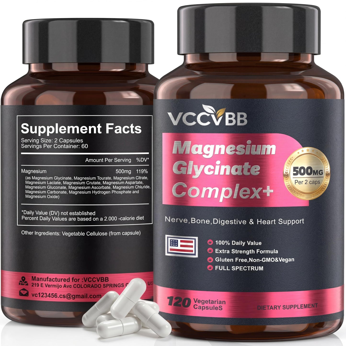 Two bottles of VCCVB Magnesium Glycinate Complex+ supplement with capsules on a white background.