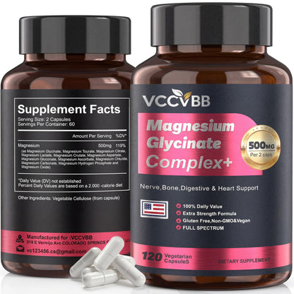 Two bottles of VCCVB Magnesium Glycinate Complex+ supplement with capsules on a white background.