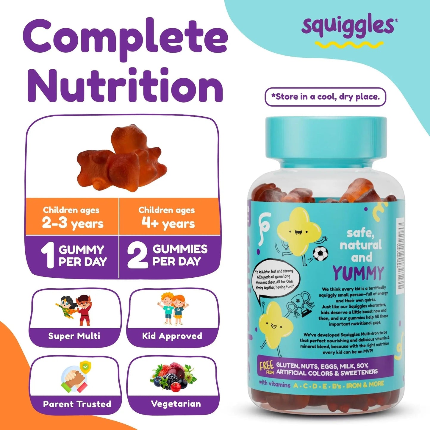 Squiggles Kids Multivitamin + Iron Gummies - Low Sugar Gummy Vitamins with Iron Supplements for Kids Squiggles