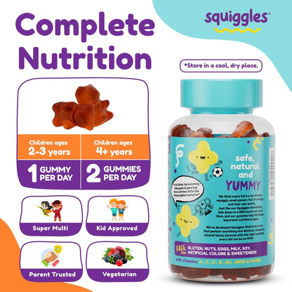 Squiggles Kids Multivitamin + Iron Gummies - Low Sugar Gummy Vitamins with Iron Supplements for Kids Squiggles
