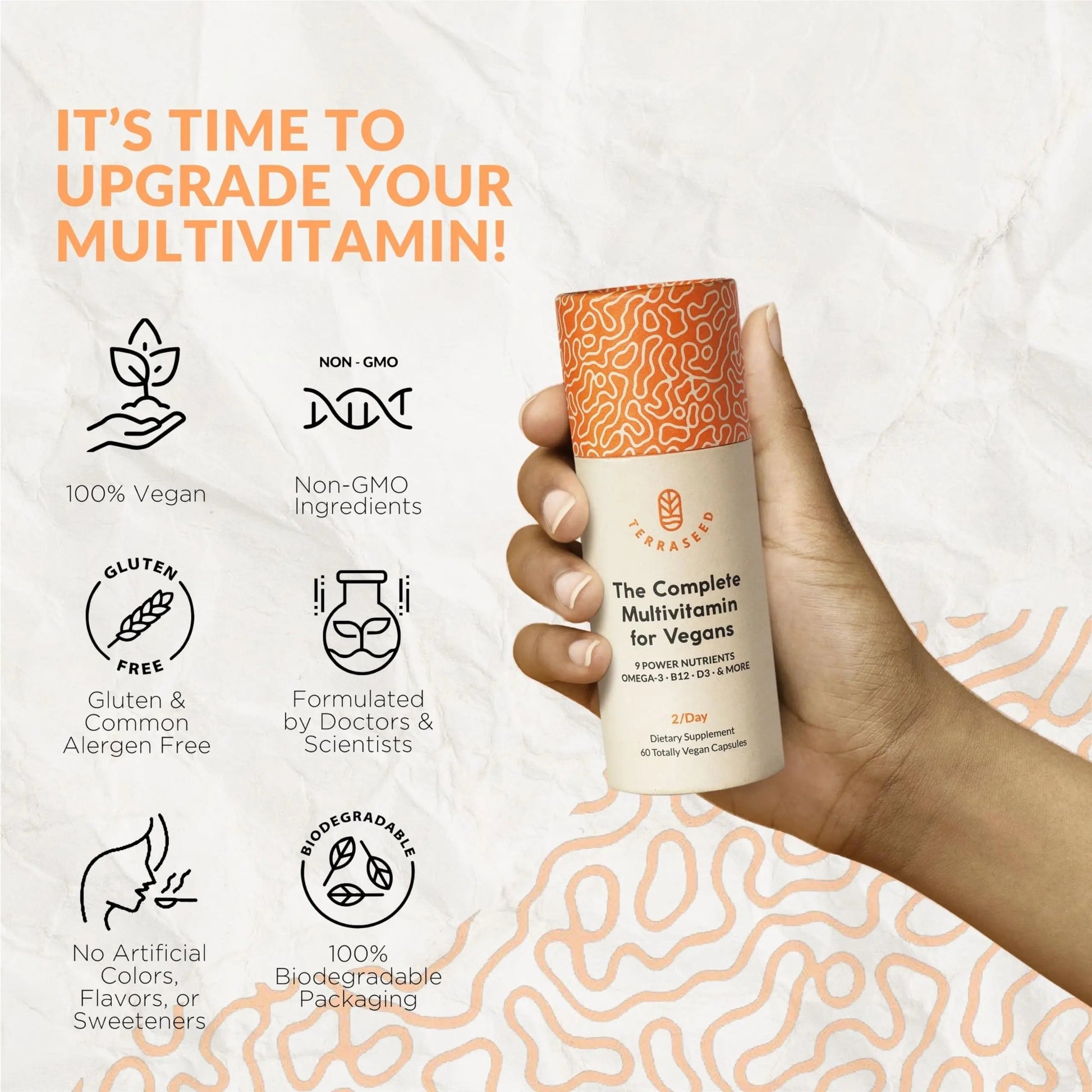 Complete Vegan Multivitamin with Iron, Omega 3, Vitamin D3, Folate, Zinc, Vitamin B12, & More - 100% Sustainable Vegan Vitamins Terraseed