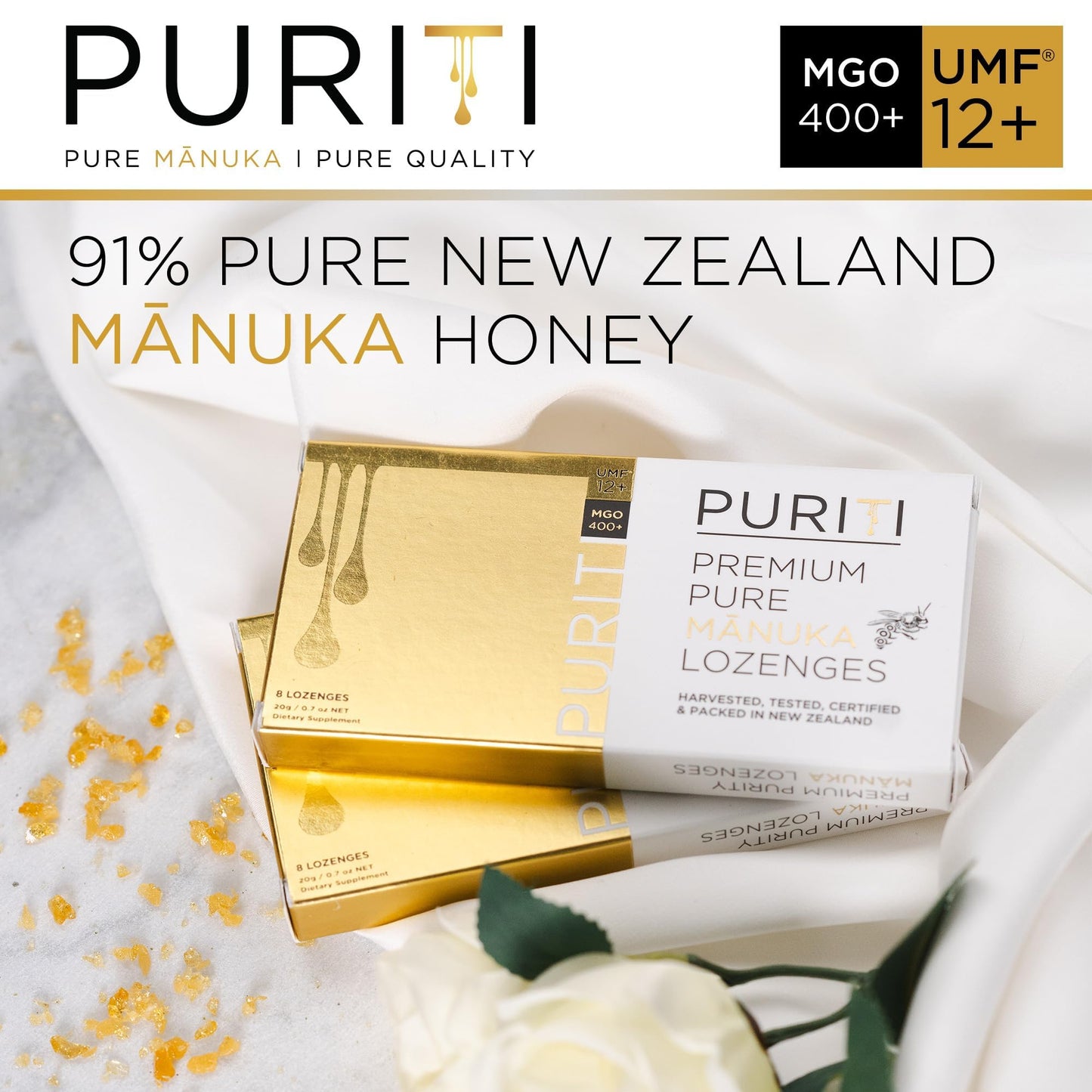 PURITI Premium Manuka Honey Lozenges High Potency - Sugar Free Drops | Genuine New Zealand Raw Manuka Honey Soothers for Coughs & Sore Throats | UMF Certified MGO 400+ UMF12+ (16 Pack)