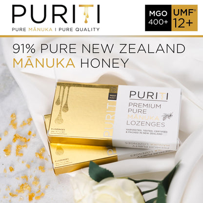 PURITI Premium Manuka Honey Lozenges High Potency - Sugar Free Drops | Genuine New Zealand Raw Manuka Honey Soothers for Coughs & Sore Throats | UMF Certified MGO 400+ UMF12+ (16 Pack)