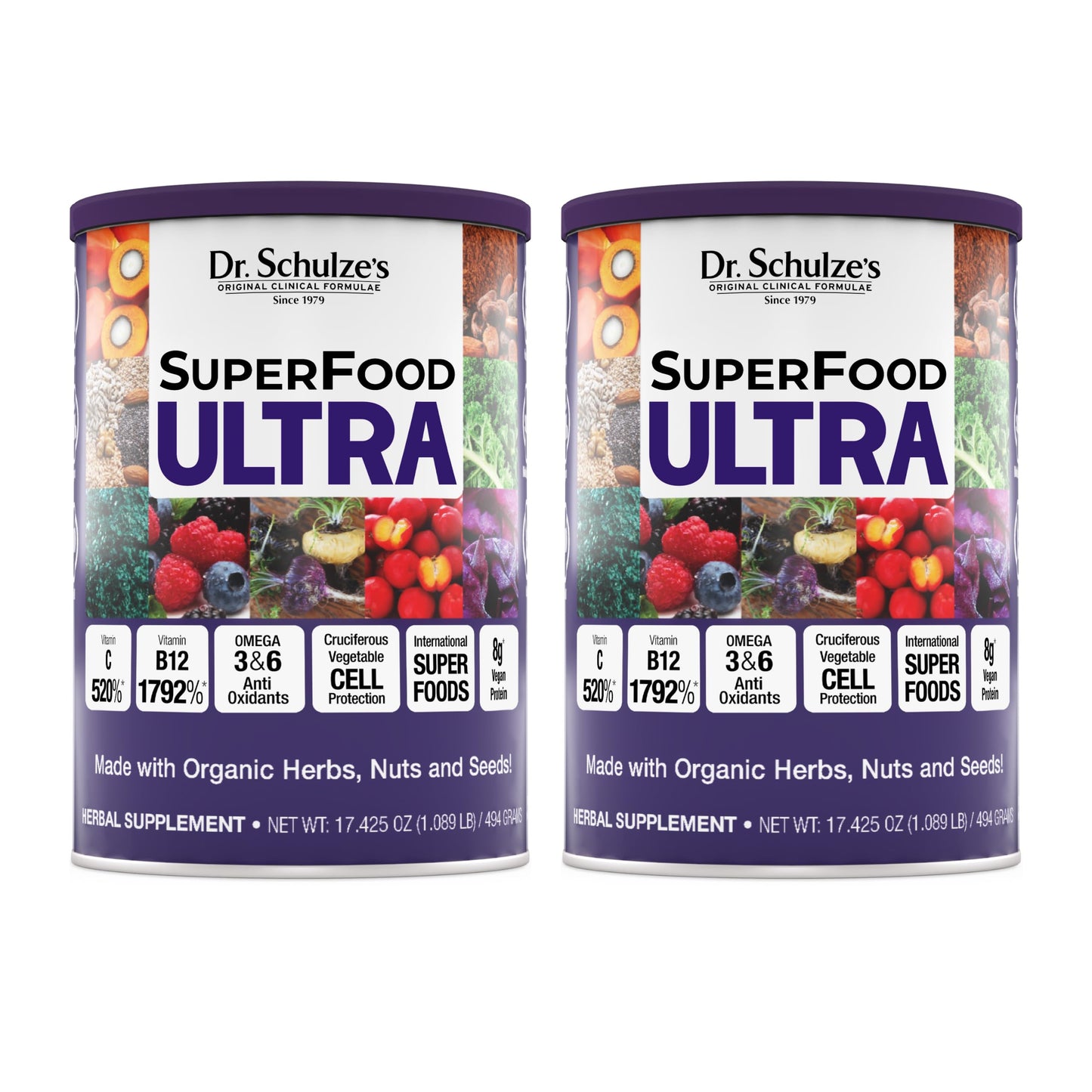 Two cans of Dr. Schulze's SuperFood Ultra on a white background