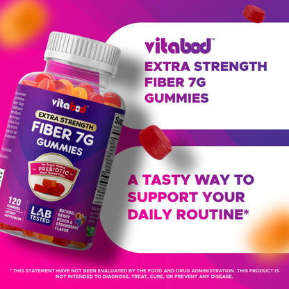 Vitabod Fiber Gummies 7G Per Serving for Digestive Health & Regularity, Prebiotic GOFOS™ Plant-Based Fiber, No Sugar Added, Vegan, Berry Peach Strawberry, 120 Gummies (Adults, Women & Men)