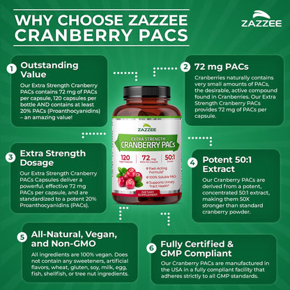 Zazzee Cranberry PACs 72 mg per Capsule, 50:1 Extract, 120 Vegan Capsules, 2X Strength, 4 Month Supply, Fast-Acting, Effective Urinary Tract & Bladder Support