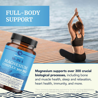 10 in 1 Magnesium Complex Supplement 500MG | Magnesium Citrate, Mag Glycinate, Malate & More | High Absorption Mag Complex with Vitamin B6 | Bone, Muscle & Heart Health Support | Non-GMO | 60 Ct. Nobi Nutrition buy supplements Au