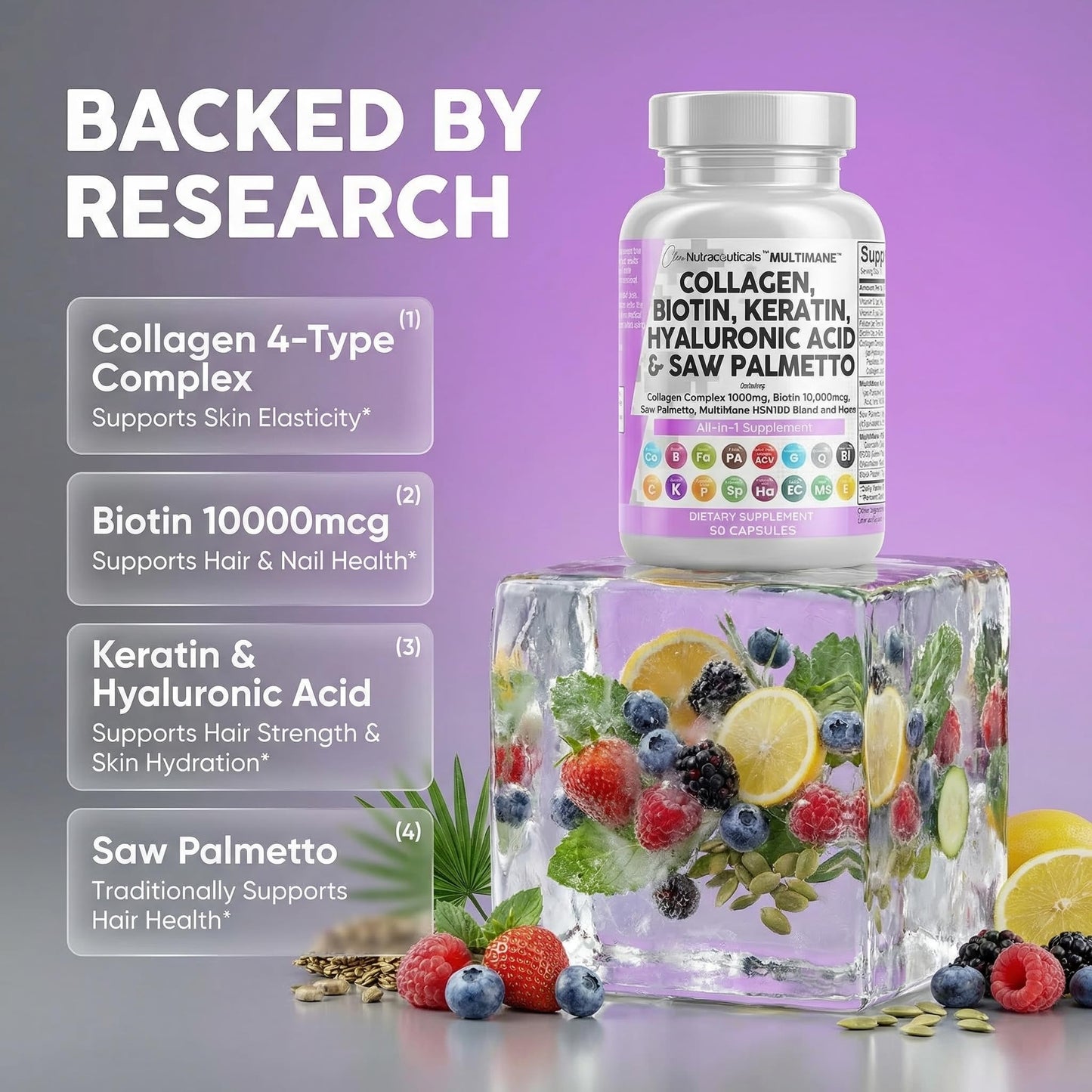 Clean Nutraceuticals Collagen Pills 1000mg Biotin 10000mcg Keratin Saw Palmetto Hyaluronic Acid - Hair Skin & Nails Vitamins & DHT Blocker with Vitamin E Folic Acid