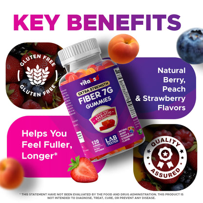 Vitabod Fiber Gummies 7G Per Serving for Digestive Health & Regularity, Prebiotic GOFOS™ Plant-Based Fiber, No Sugar Added, Vegan, Berry Peach Strawberry, 120 Gummies (Adults, Women & Men)