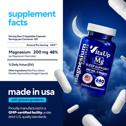 VitaUp Magnesium Glycinate 200mg - USA Made, Highly Absorbed, Non-GMO Magnesium for Relaxation, Deep Sleep, Bones & Heart - 200mg per Serving, 120 Vegan Capsules VitaUpBuy Supplements Australia