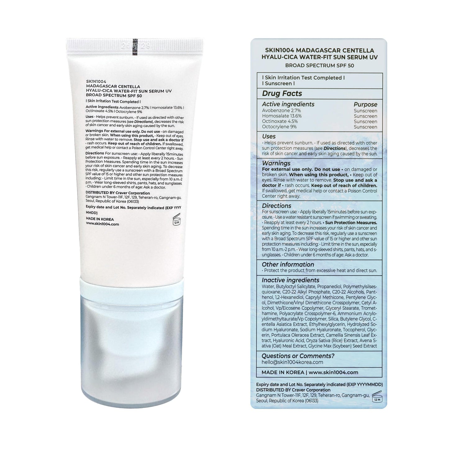 SKIN1004 Centella Hyalu-Cica Water-Fit Sun Serum UV, Korean Sunscreen SPF 50, Centella Sunscreen, Travel Essentials