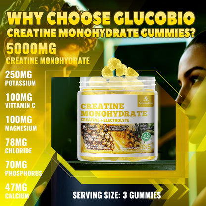 GlucoBio Creatine Monohydrate Gummies (5g) – Pre-Workout Energy & Muscle Growth Support for Men & Women | Pineapple Electrolyte Gummies (135 Count)