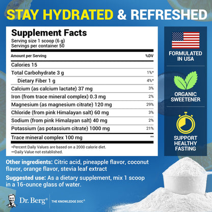 Dr. Berg Zero Sugar Hydration Keto Electrolyte Powder - Enhanced w/ 1000 mg of Potassium & Real Pink Himalayan Salt (NOT Table Salt) - Tropical Coconut