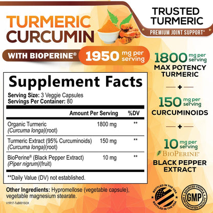 Turmeric Curcumin Supplement - 95% Curcuminoids with Organic Turmeric & BioPerine Black Pepper for Best Absorption - Daily Joint & Immune Health Support