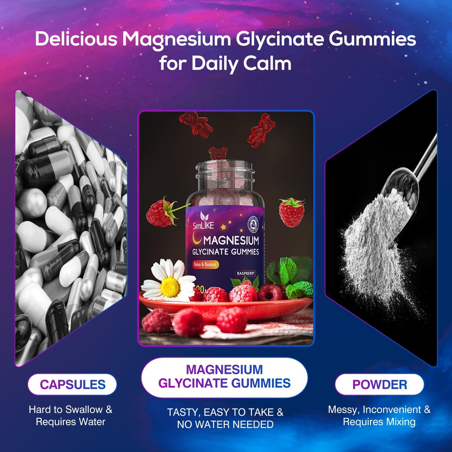 Magnesium Glycinate Gummies 400mg, High Absorption Magnesium Gummies with L-Theanine, Ashwagandha & GABA for Relaxation, Stress Relief & Sleep, Sugar Free, Vegan, 60 Raspberry SimlikeBuy Supplements Australia