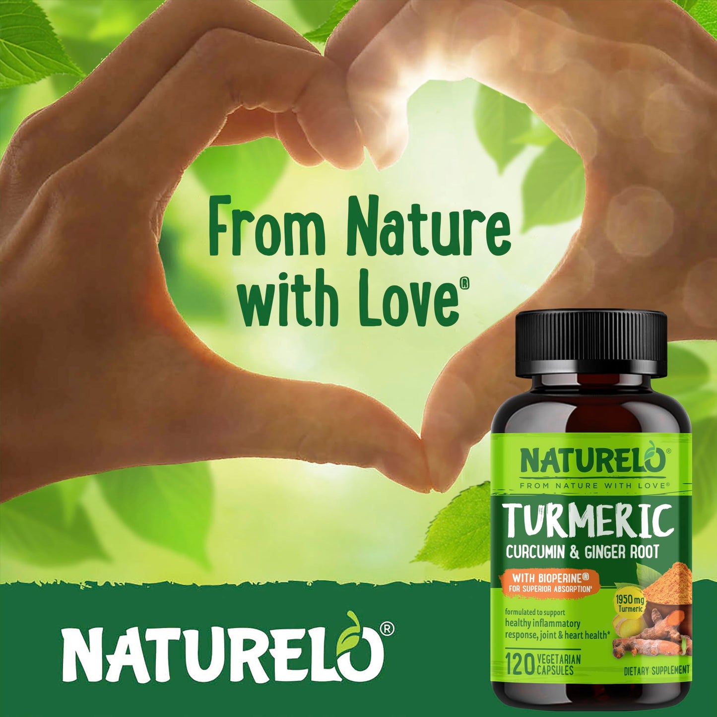 NATURELO Turmeric Curcumin - BioPerine for Better Absorption - Black Pepper, Ginger Root, Curcuminoids - Plant-Based Joint Discomfort Support