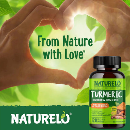 NATURELO Turmeric Curcumin - BioPerine for Better Absorption - Black Pepper, Ginger Root, Curcuminoids - Plant-Based Joint Discomfort Support